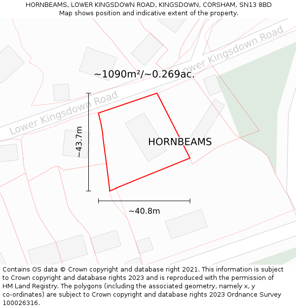 HORNBEAMS, LOWER KINGSDOWN ROAD, KINGSDOWN, CORSHAM, SN13 8BD: Plot and title map