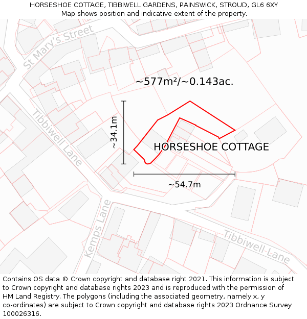 HORSESHOE COTTAGE, TIBBIWELL GARDENS, PAINSWICK, STROUD, GL6 6XY: Plot and title map