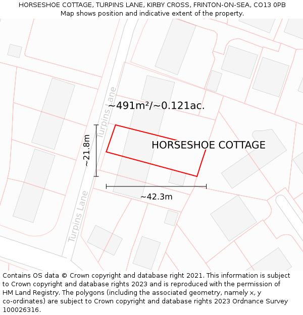 HORSESHOE COTTAGE, TURPINS LANE, KIRBY CROSS, FRINTON-ON-SEA, CO13 0PB: Plot and title map