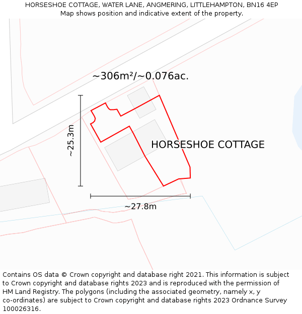 HORSESHOE COTTAGE, WATER LANE, ANGMERING, LITTLEHAMPTON, BN16 4EP: Plot and title map