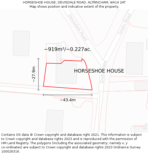 HORSESHOE HOUSE, DEVISDALE ROAD, ALTRINCHAM, WA14 2AT: Plot and title map