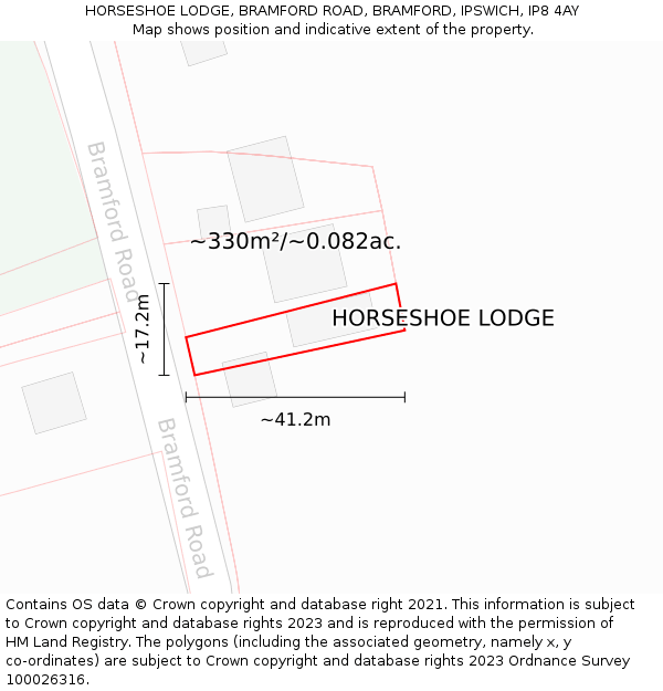 HORSESHOE LODGE, BRAMFORD ROAD, BRAMFORD, IPSWICH, IP8 4AY: Plot and title map