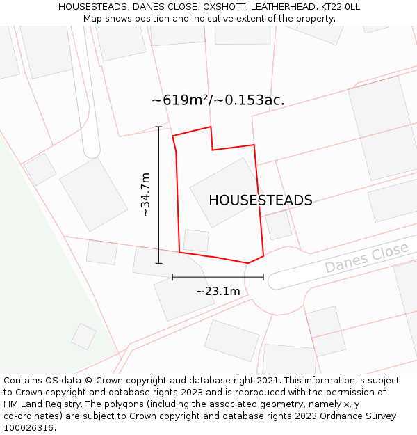 HOUSESTEADS, DANES CLOSE, OXSHOTT, LEATHERHEAD, KT22 0LL: Plot and title map