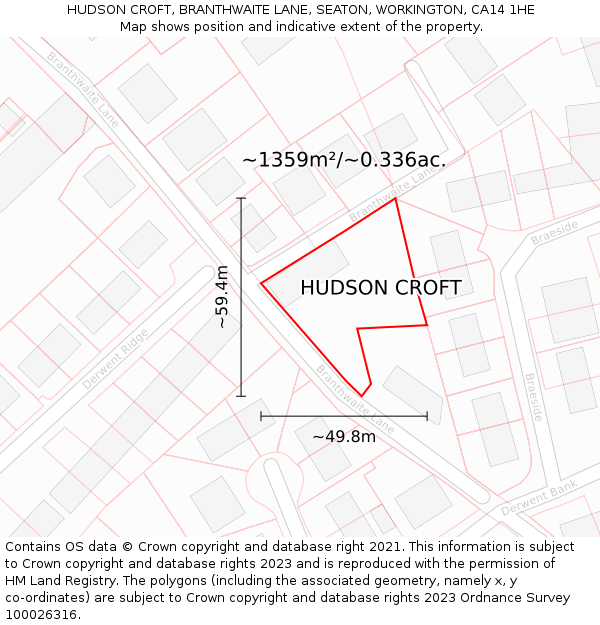 HUDSON CROFT, BRANTHWAITE LANE, SEATON, WORKINGTON, CA14 1HE: Plot and title map