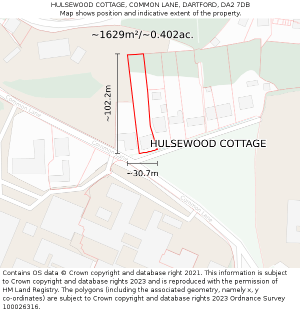HULSEWOOD COTTAGE, COMMON LANE, DARTFORD, DA2 7DB: Plot and title map