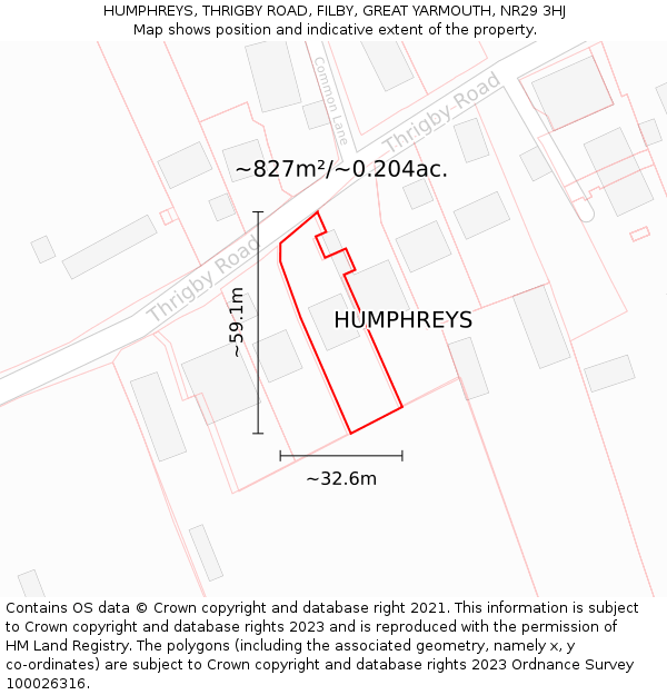 HUMPHREYS, THRIGBY ROAD, FILBY, GREAT YARMOUTH, NR29 3HJ: Plot and title map
