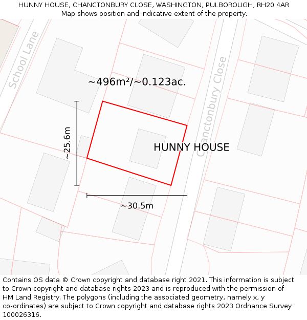 HUNNY HOUSE, CHANCTONBURY CLOSE, WASHINGTON, PULBOROUGH, RH20 4AR: Plot and title map