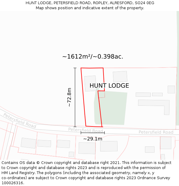 HUNT LODGE, PETERSFIELD ROAD, ROPLEY, ALRESFORD, SO24 0EG: Plot and title map