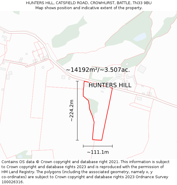 HUNTERS HILL, CATSFIELD ROAD, CROWHURST, BATTLE, TN33 9BU: Plot and title map