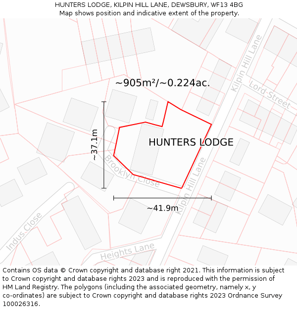 HUNTERS LODGE, KILPIN HILL LANE, DEWSBURY, WF13 4BG: Plot and title map