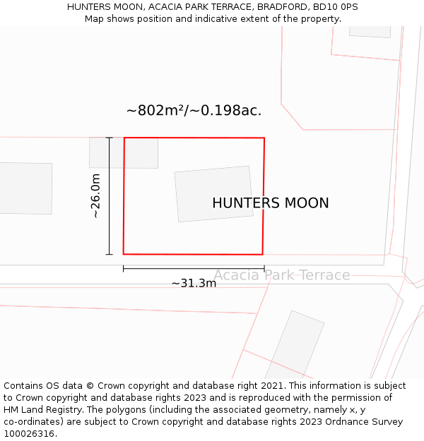 HUNTERS MOON, ACACIA PARK TERRACE, BRADFORD, BD10 0PS: Plot and title map