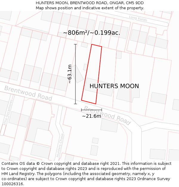 HUNTERS MOON, BRENTWOOD ROAD, ONGAR, CM5 9DD: Plot and title map