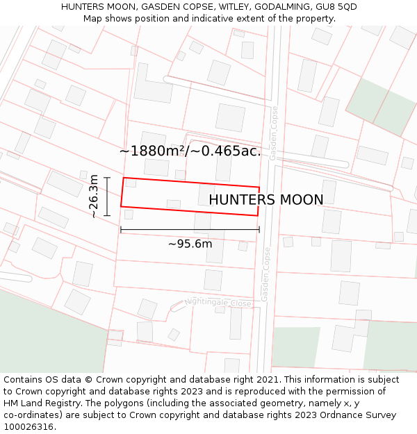 HUNTERS MOON, GASDEN COPSE, WITLEY, GODALMING, GU8 5QD: Plot and title map