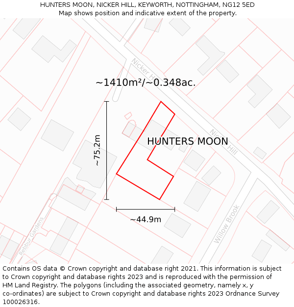 HUNTERS MOON, NICKER HILL, KEYWORTH, NOTTINGHAM, NG12 5ED: Plot and title map