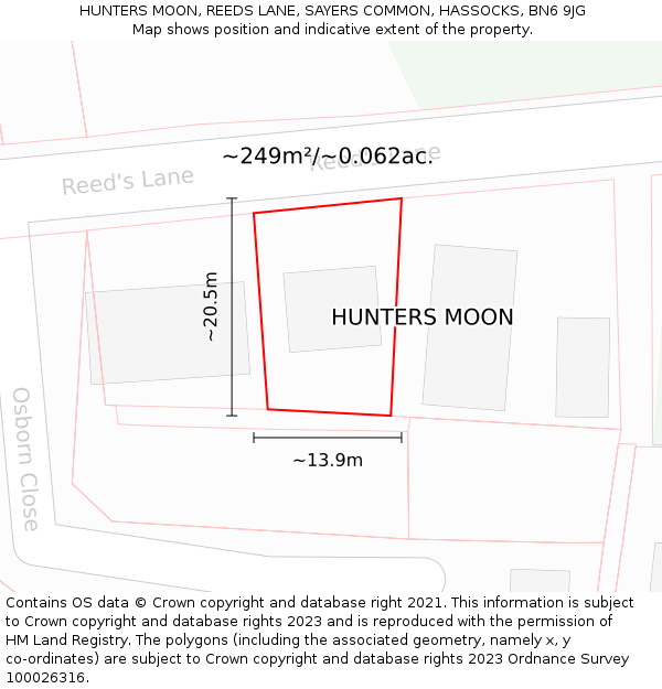 HUNTERS MOON, REEDS LANE, SAYERS COMMON, HASSOCKS, BN6 9JG: Plot and title map