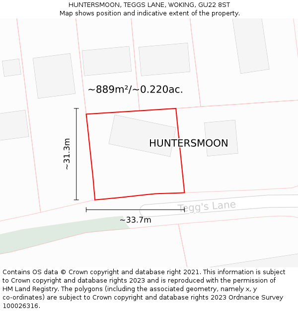 HUNTERSMOON, TEGGS LANE, WOKING, GU22 8ST: Plot and title map