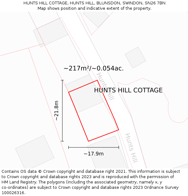 HUNTS HILL COTTAGE, HUNTS HILL, BLUNSDON, SWINDON, SN26 7BN: Plot and title map
