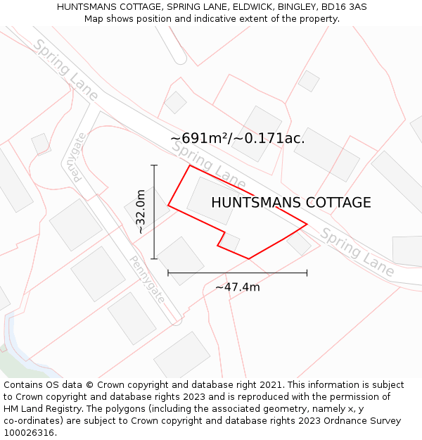 HUNTSMANS COTTAGE, SPRING LANE, ELDWICK, BINGLEY, BD16 3AS: Plot and title map