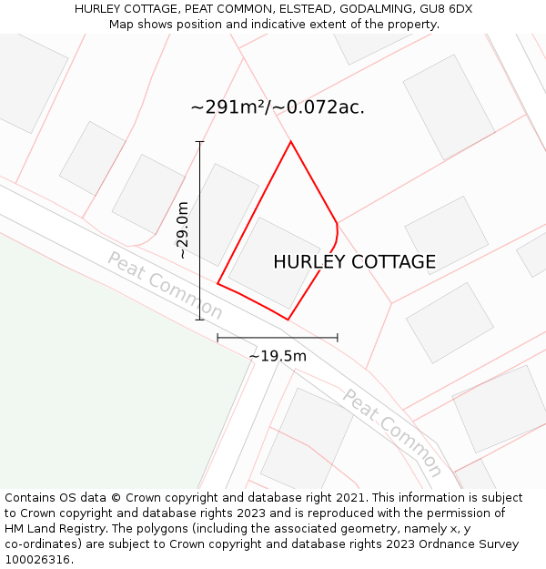 HURLEY COTTAGE, PEAT COMMON, ELSTEAD, GODALMING, GU8 6DX: Plot and title map