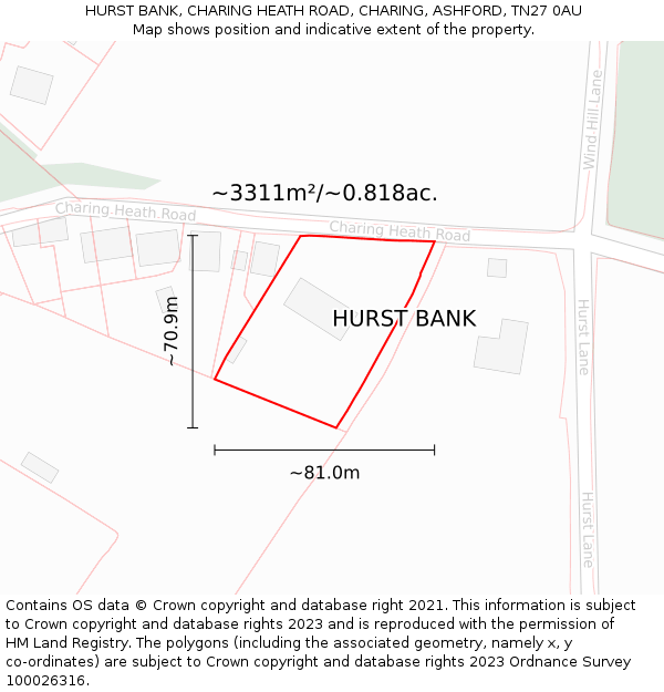 HURST BANK, CHARING HEATH ROAD, CHARING, ASHFORD, TN27 0AU: Plot and title map