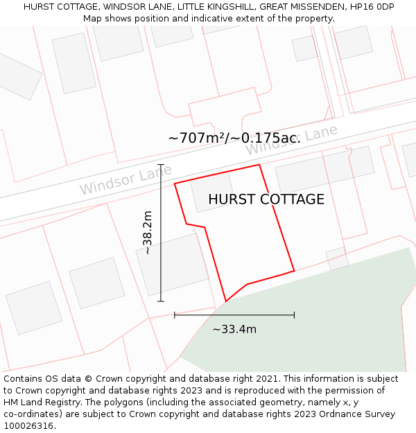 HURST COTTAGE, WINDSOR LANE, LITTLE KINGSHILL, GREAT MISSENDEN, HP16 0DP: Plot and title map