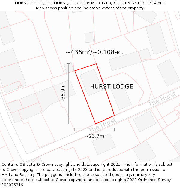 HURST LODGE, THE HURST, CLEOBURY MORTIMER, KIDDERMINSTER, DY14 8EG: Plot and title map