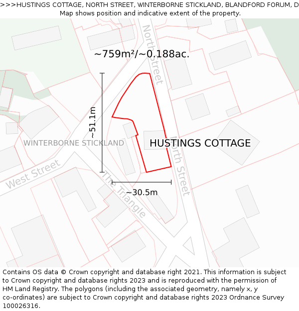 HUSTINGS COTTAGE, NORTH STREET, WINTERBORNE STICKLAND, BLANDFORD FORUM, DT11 0NL: Plot and title map
