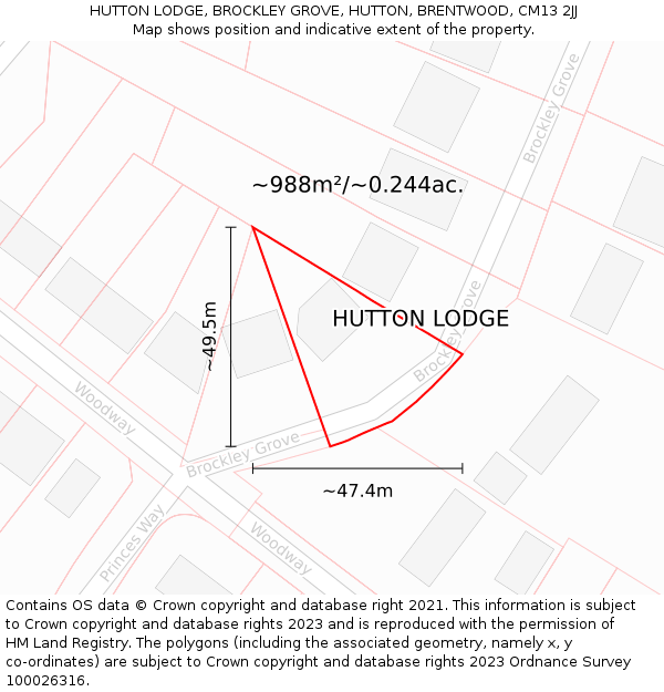 HUTTON LODGE, BROCKLEY GROVE, HUTTON, BRENTWOOD, CM13 2JJ: Plot and title map