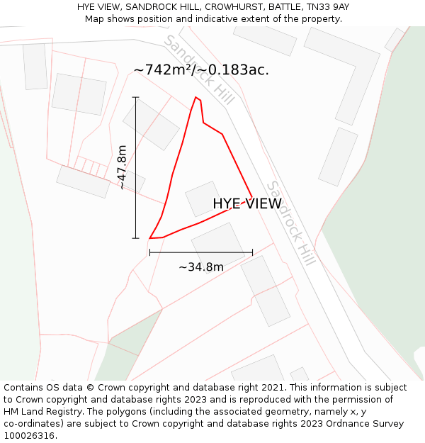 HYE VIEW, SANDROCK HILL, CROWHURST, BATTLE, TN33 9AY: Plot and title map