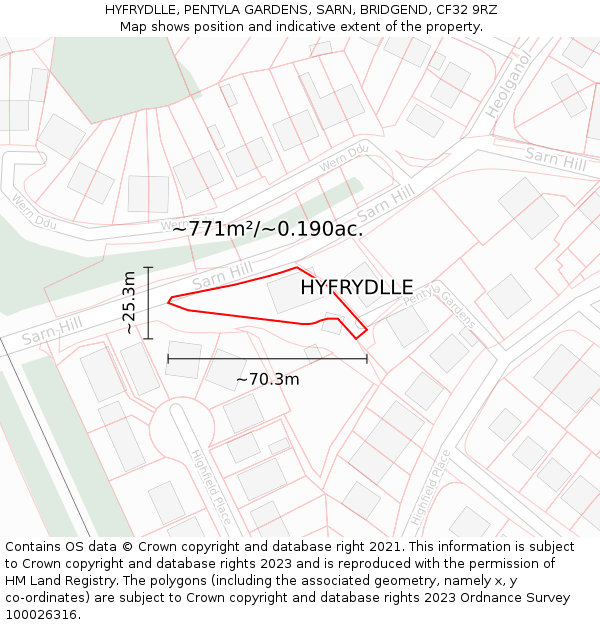 HYFRYDLLE, PENTYLA GARDENS, SARN, BRIDGEND, CF32 9RZ: Plot and title map