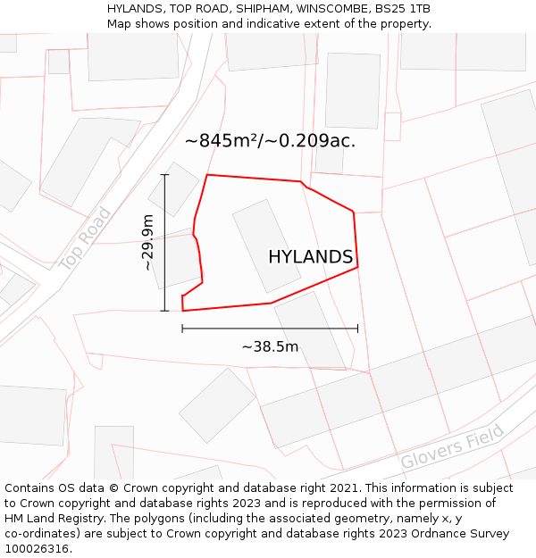 HYLANDS, TOP ROAD, SHIPHAM, WINSCOMBE, BS25 1TB: Plot and title map