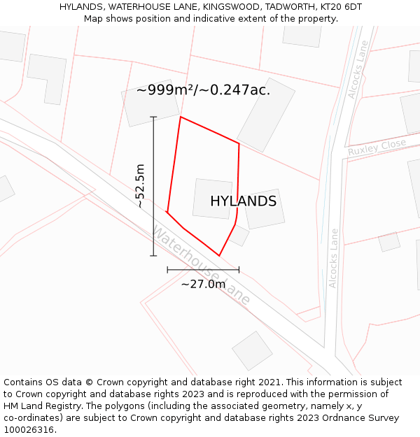 HYLANDS, WATERHOUSE LANE, KINGSWOOD, TADWORTH, KT20 6DT: Plot and title map