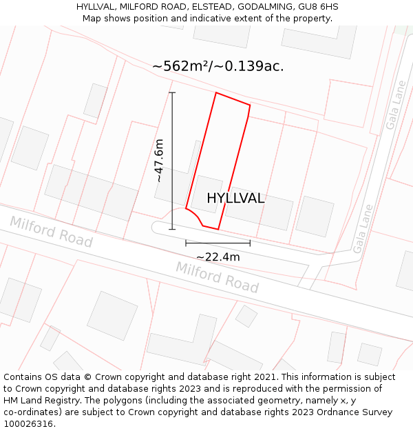 HYLLVAL, MILFORD ROAD, ELSTEAD, GODALMING, GU8 6HS: Plot and title map