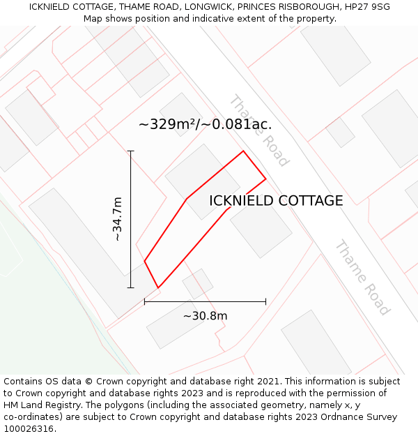 ICKNIELD COTTAGE, THAME ROAD, LONGWICK, PRINCES RISBOROUGH, HP27 9SG: Plot and title map