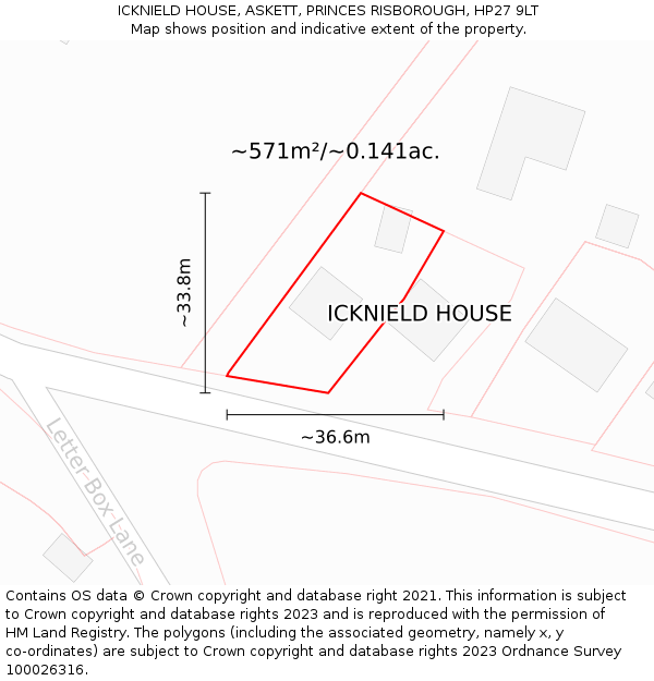 ICKNIELD HOUSE, ASKETT, PRINCES RISBOROUGH, HP27 9LT: Plot and title map
