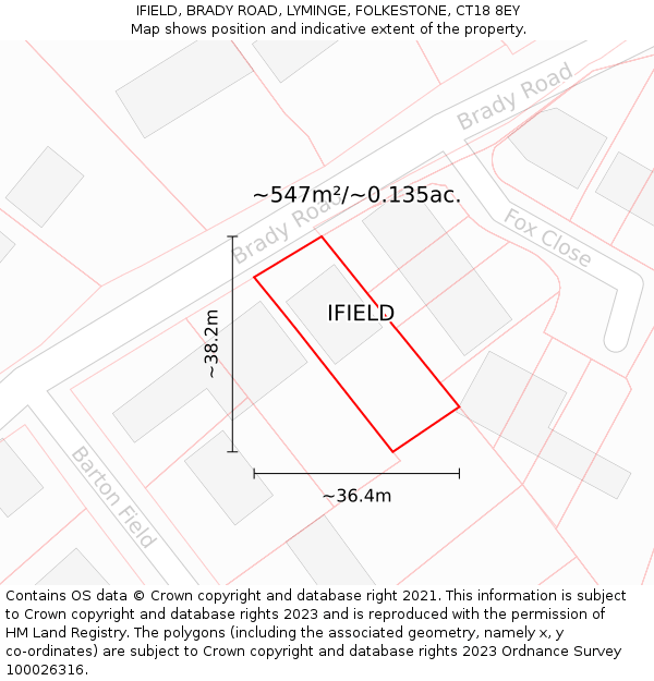 IFIELD, BRADY ROAD, LYMINGE, FOLKESTONE, CT18 8EY: Plot and title map