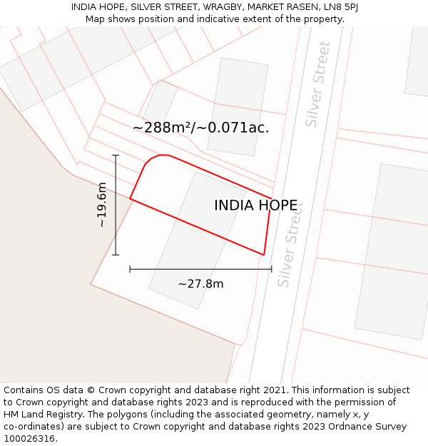 INDIA HOPE, SILVER STREET, WRAGBY, MARKET RASEN, LN8 5PJ: Plot and title map