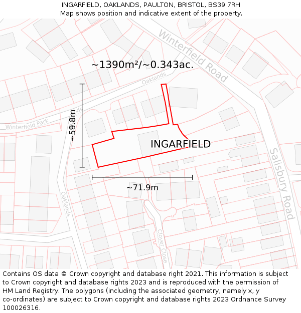 INGARFIELD, OAKLANDS, PAULTON, BRISTOL, BS39 7RH: Plot and title map