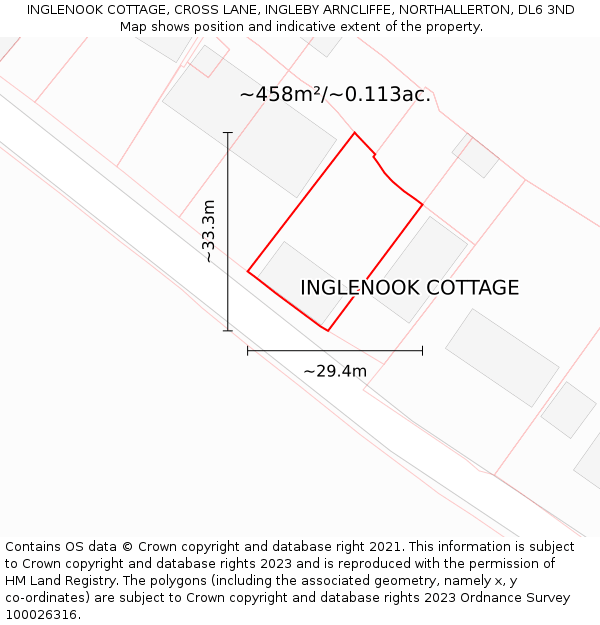 INGLENOOK COTTAGE, CROSS LANE, INGLEBY ARNCLIFFE, NORTHALLERTON, DL6 3ND: Plot and title map