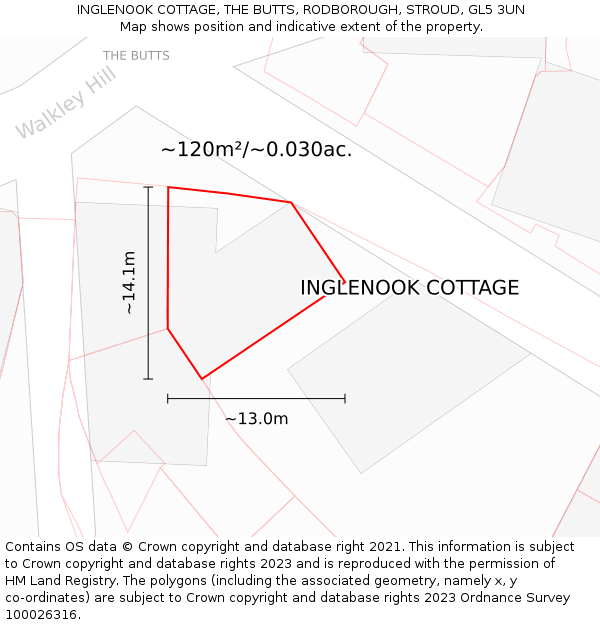 INGLENOOK COTTAGE, THE BUTTS, RODBOROUGH, STROUD, GL5 3UN: Plot and title map