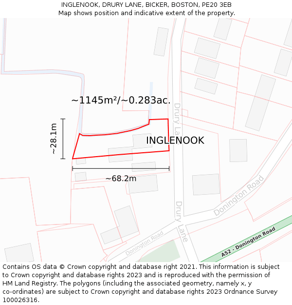 INGLENOOK, DRURY LANE, BICKER, BOSTON, PE20 3EB: Plot and title map