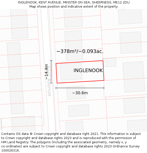 INGLENOOK, KENT AVENUE, MINSTER ON SEA, SHEERNESS, ME12 2DU: Plot and title map