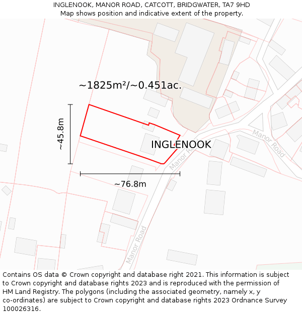 INGLENOOK, MANOR ROAD, CATCOTT, BRIDGWATER, TA7 9HD: Plot and title map
