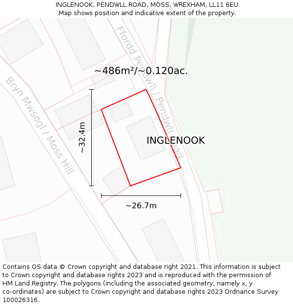 INGLENOOK, PENDWLL ROAD, MOSS, WREXHAM, LL11 6EU: Plot and title map