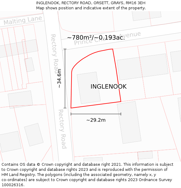 INGLENOOK, RECTORY ROAD, ORSETT, GRAYS, RM16 3EH: Plot and title map