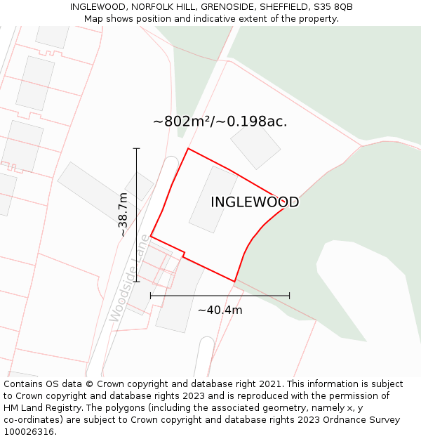 INGLEWOOD, NORFOLK HILL, GRENOSIDE, SHEFFIELD, S35 8QB: Plot and title map