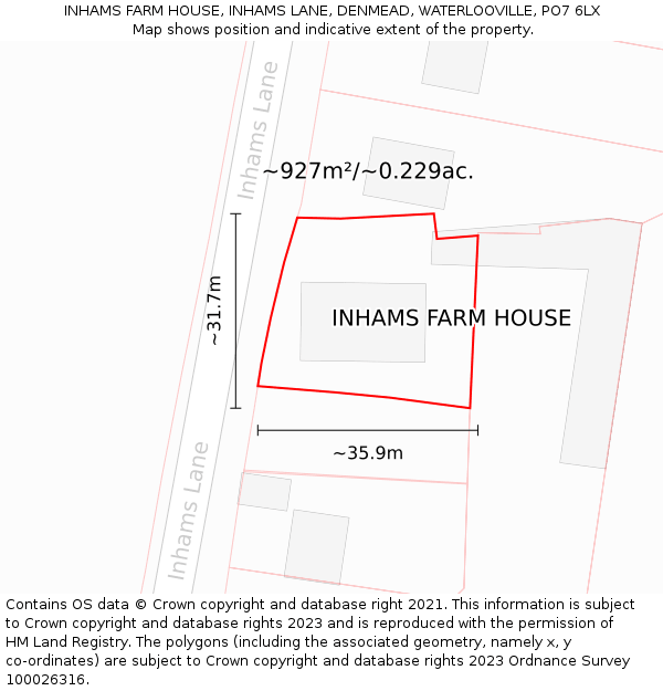INHAMS FARM HOUSE, INHAMS LANE, DENMEAD, WATERLOOVILLE, PO7 6LX: Plot and title map