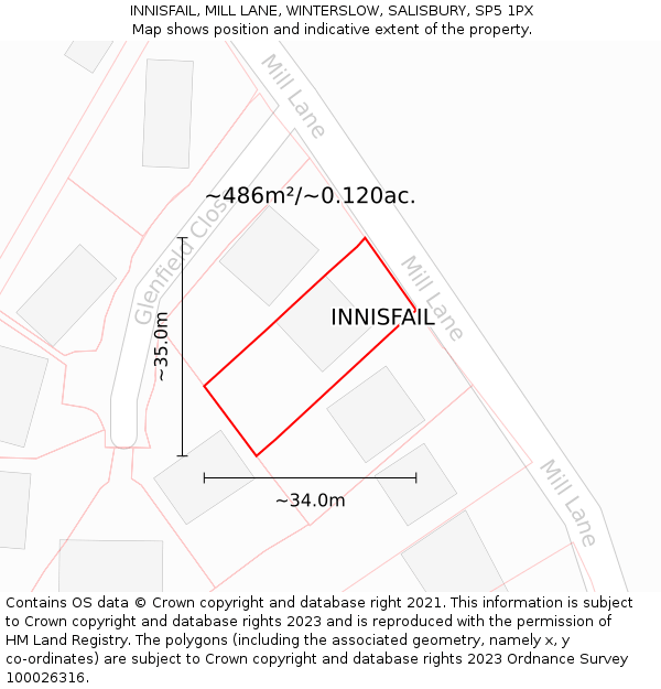 INNISFAIL, MILL LANE, WINTERSLOW, SALISBURY, SP5 1PX: Plot and title map