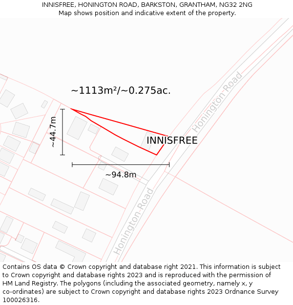 INNISFREE, HONINGTON ROAD, BARKSTON, GRANTHAM, NG32 2NG: Plot and title map