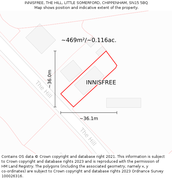 INNISFREE, THE HILL, LITTLE SOMERFORD, CHIPPENHAM, SN15 5BQ: Plot and title map